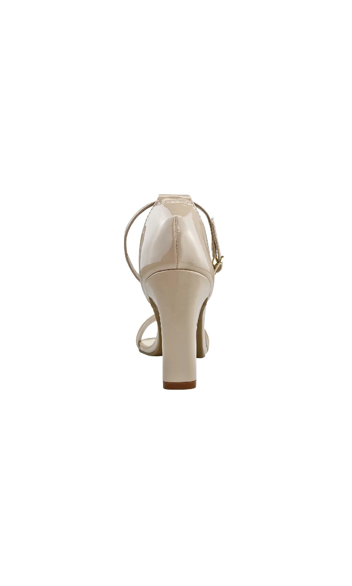Rear view of Maddox Low-Heel Nude Prom Shoes: Dyeables 58517, a beige open-toe sandal with an ankle strap, glossy finish, and stylish block heels, centered against a white background.